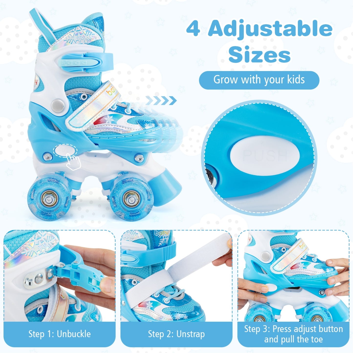 Kids Roller Skates 4 Sizes Adjustable with Light-up Wheels for Toddler Aged 3-4 (XS)-Blue