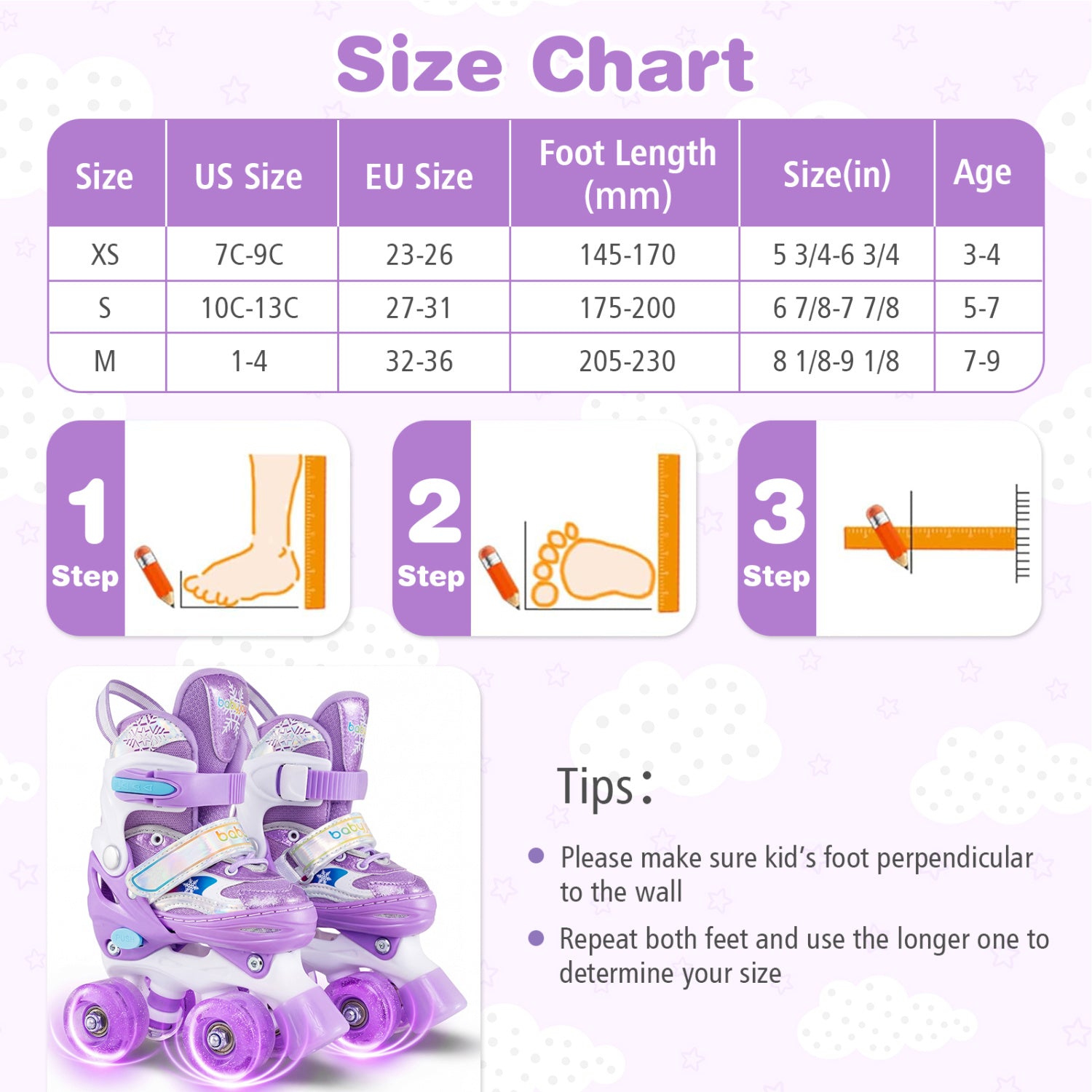 Kids Roller Skates 4 Sizes Adjustable with Light-up Wheels for Toddler Aged 3-4 (XS)-Purple