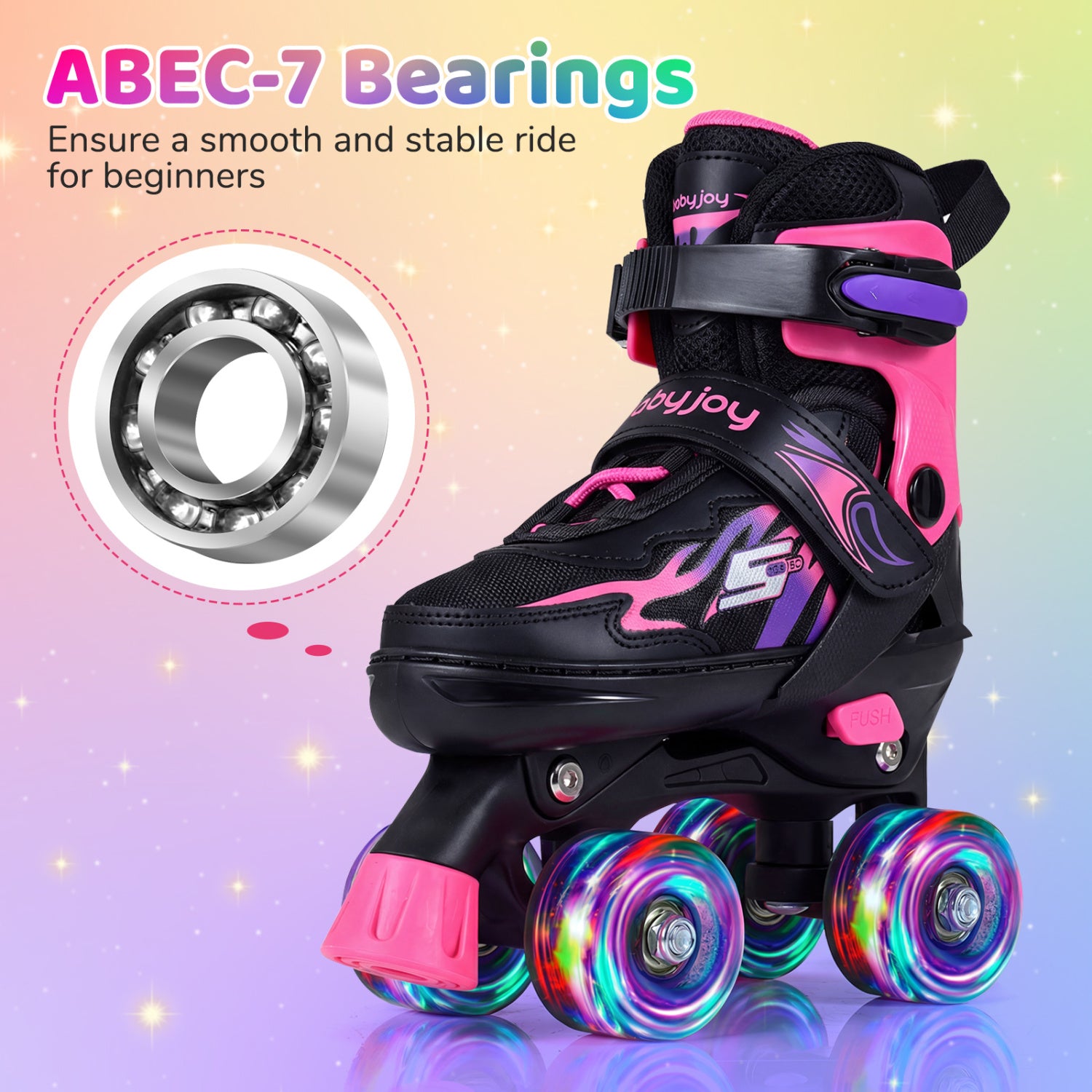 Kids Roller Skates for Girls Boys 4 Sizes Adjustable Quad Skates with Light-up Wheels-Pink