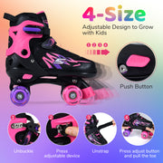 Kids Roller Skates for Girls Boys 4 Sizes Adjustable Quad Skates with Light-up Wheels for Outdoor-Pink
