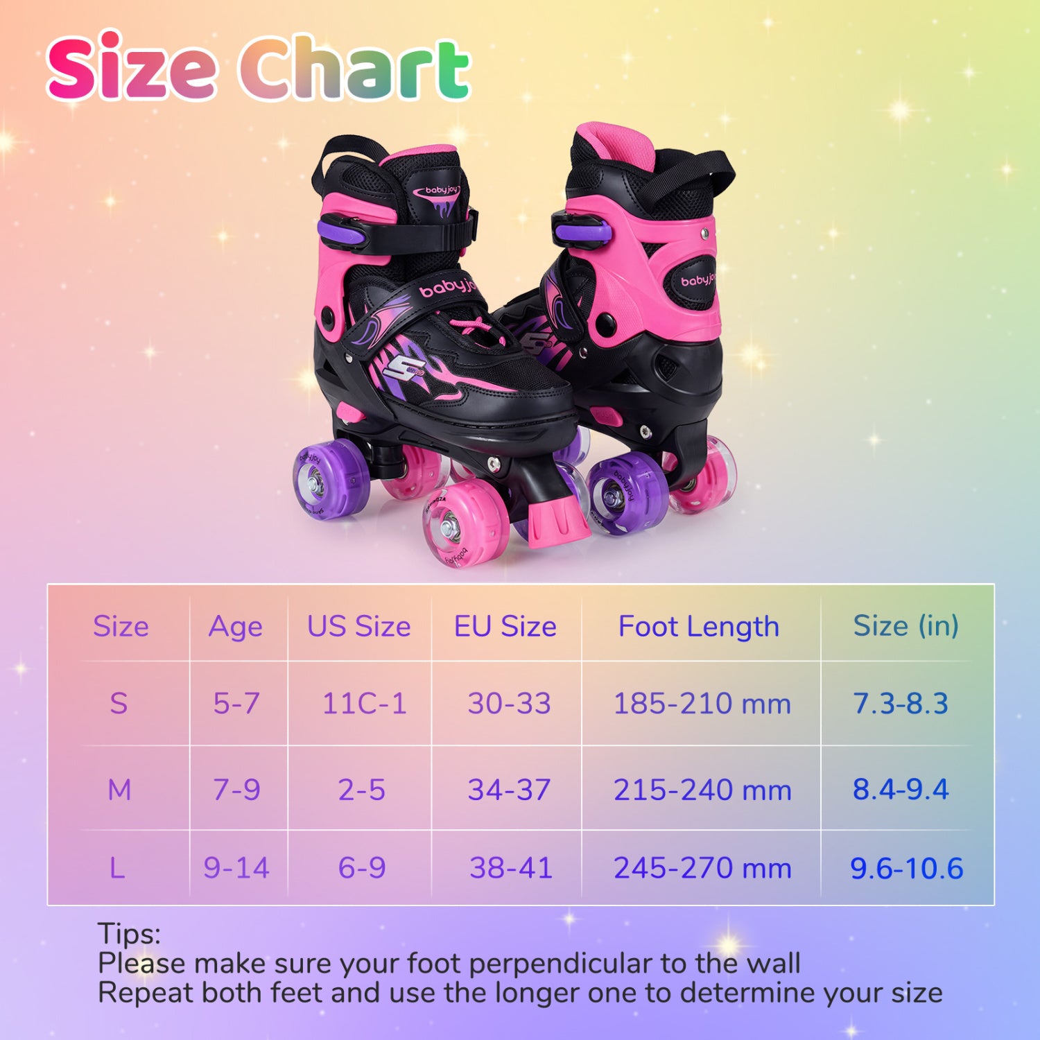 Kids Roller Skates for Girls Boys 4 Sizes Adjustable Quad Skates with Light-up Wheels for Outdoor-Pink