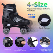Kids Roller Skates for Girls Boys 4 Sizes Adjustable Quad Skates with Light-up Wheels for Outdoor-Black
