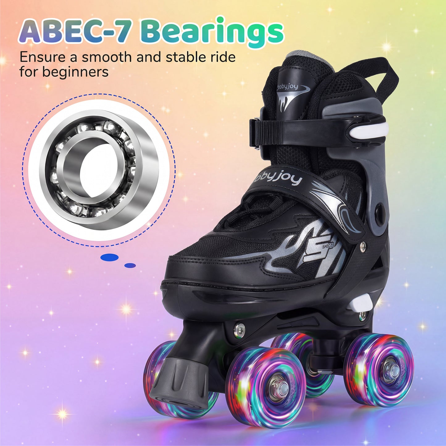 Kids Roller Skates for Girls Boys 4 Sizes Adjustable Quad Skates with Light-up Wheels for Outdoor-Black