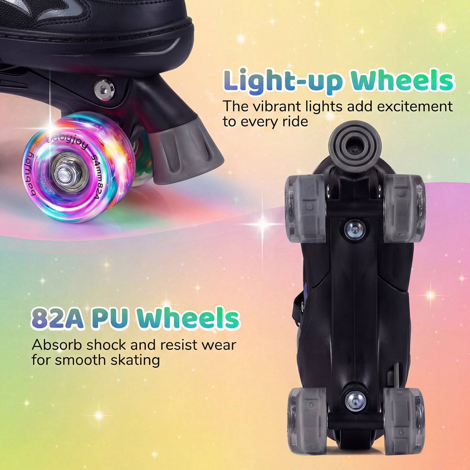 Kids Roller Skates for Girls Boys Teens 4 Sizes Adjustable Quad Skates with Light-up Wheels-Black