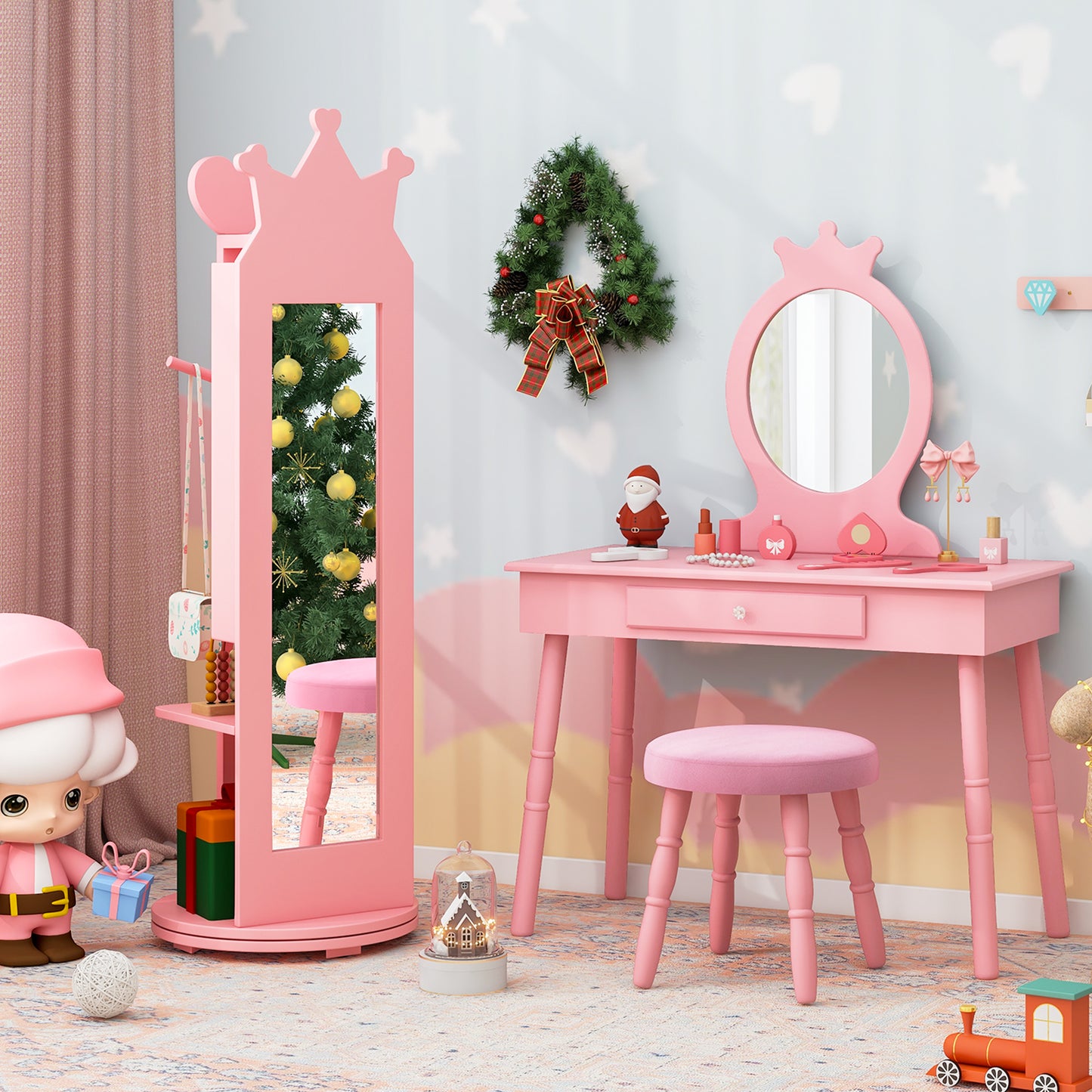 Kids Room Furniture Set Princess Vanity Table and Stool Set with Mirror and Drawer
