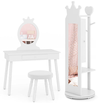 Kids Room Furniture Set Princess Vanity Table and Stool Set with Mirror and Drawer-Pink - White