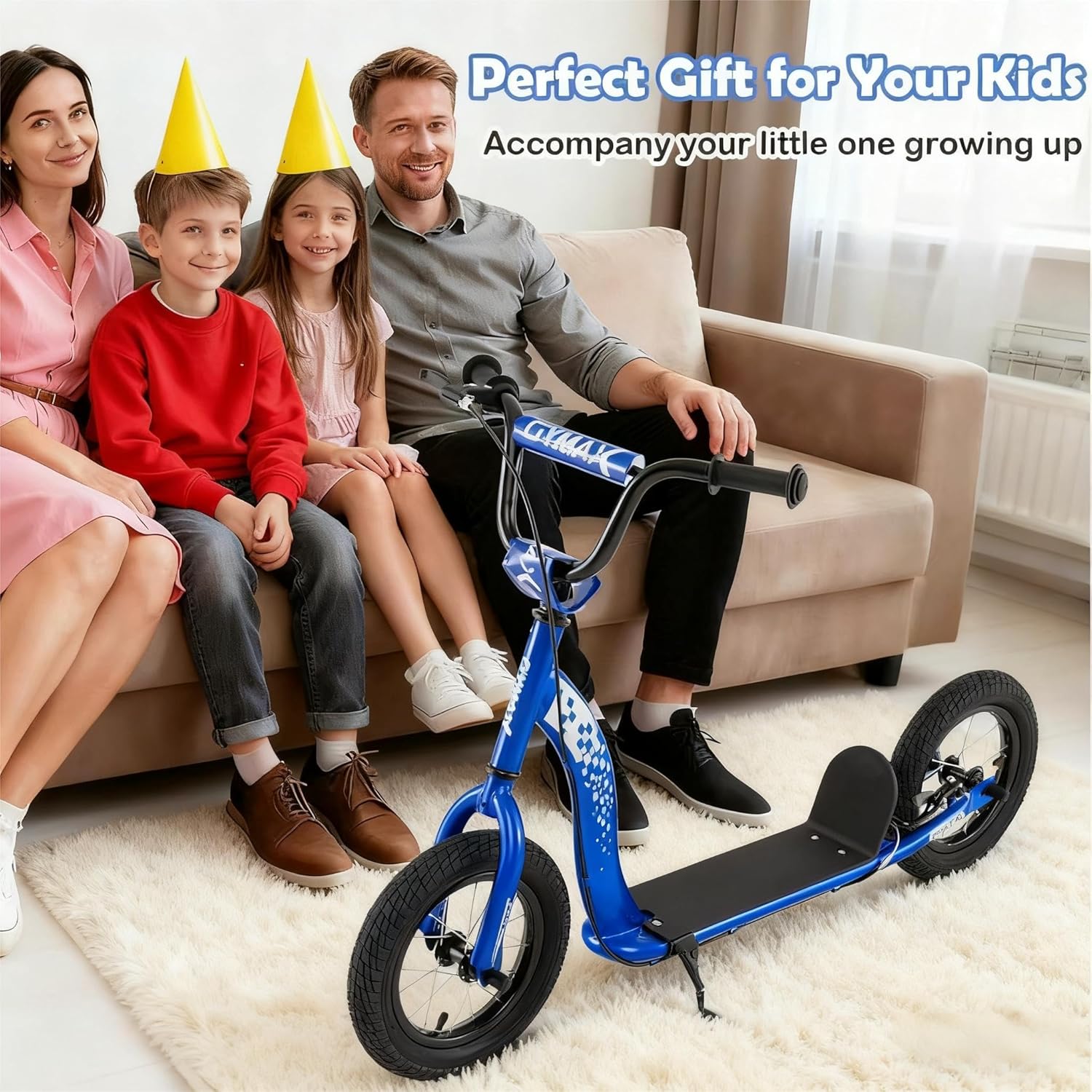Kids Scooter Youth Kick Scooter with Adjustable Height Handlebar 12-Inch Inflatable Wheels-Navy