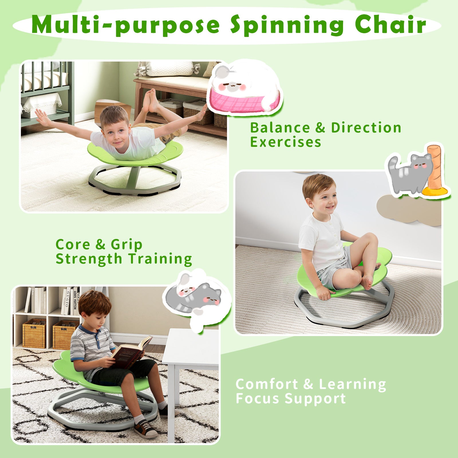 Kids Sensory Swivel Chair Cat Claw 360¬∞ Spinning Chair with Non-Slip Metal Base-Green