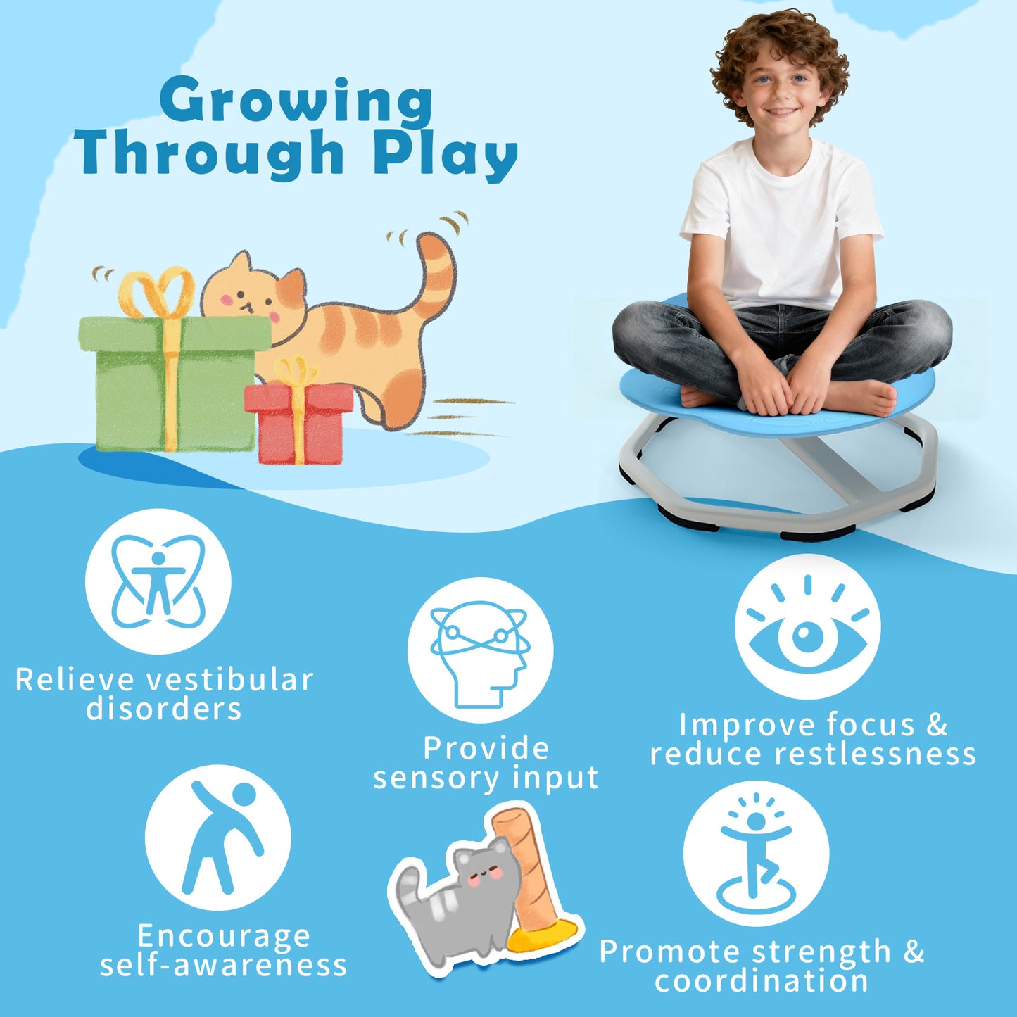 Kids Sensory Swivel Chair Cat Claw 360¬∞ Spinning Chair with Non-Slip Metal Base-Blue