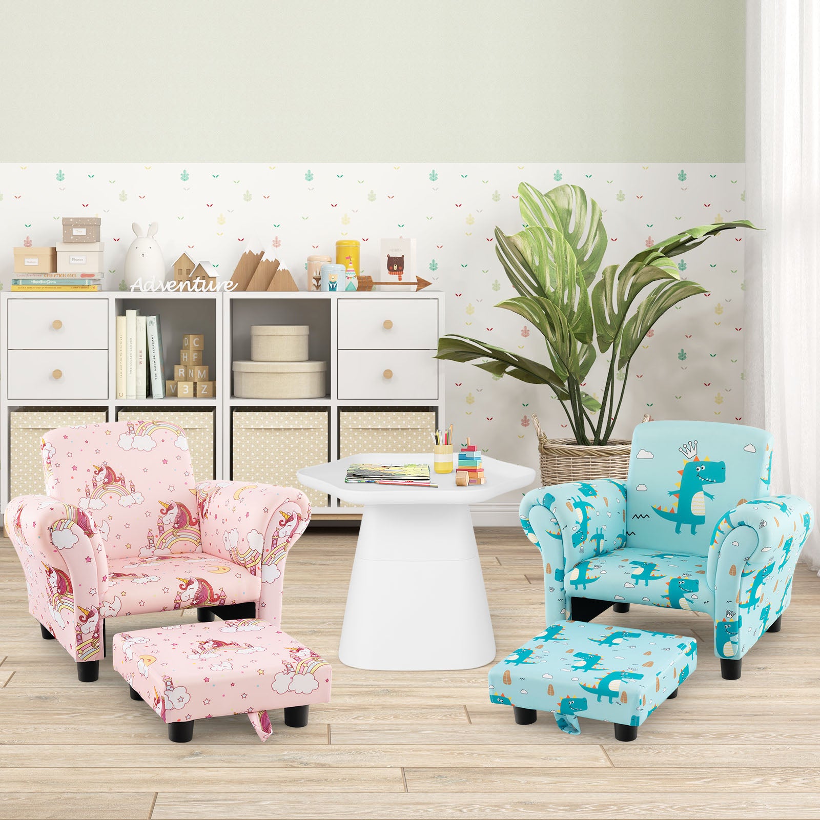 Kids Single Sofa with Cute Patterns Ergonomic Backrest and Armrests-Pink