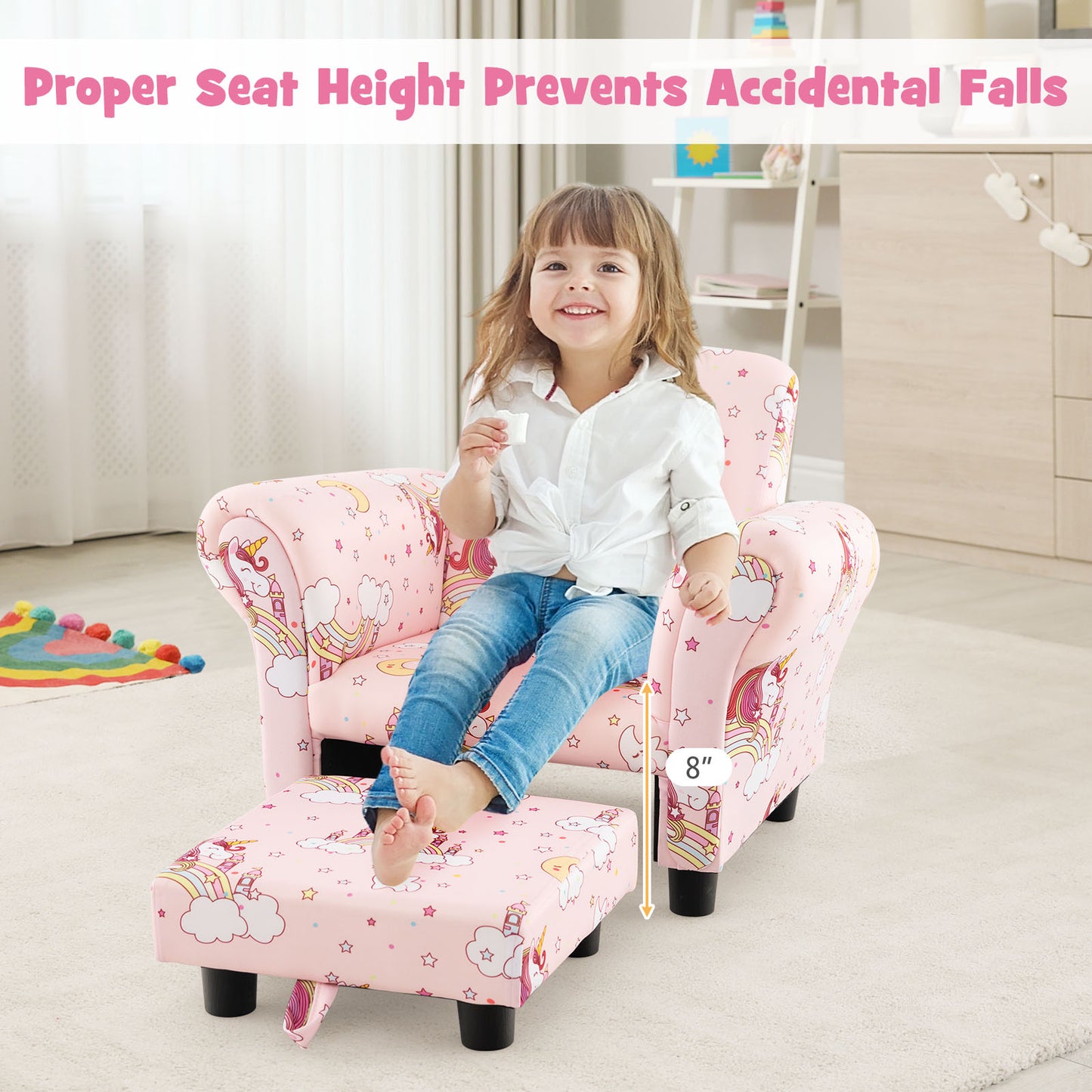 Kids Single Sofa with Cute Patterns Ergonomic Backrest and Armrests-Pink