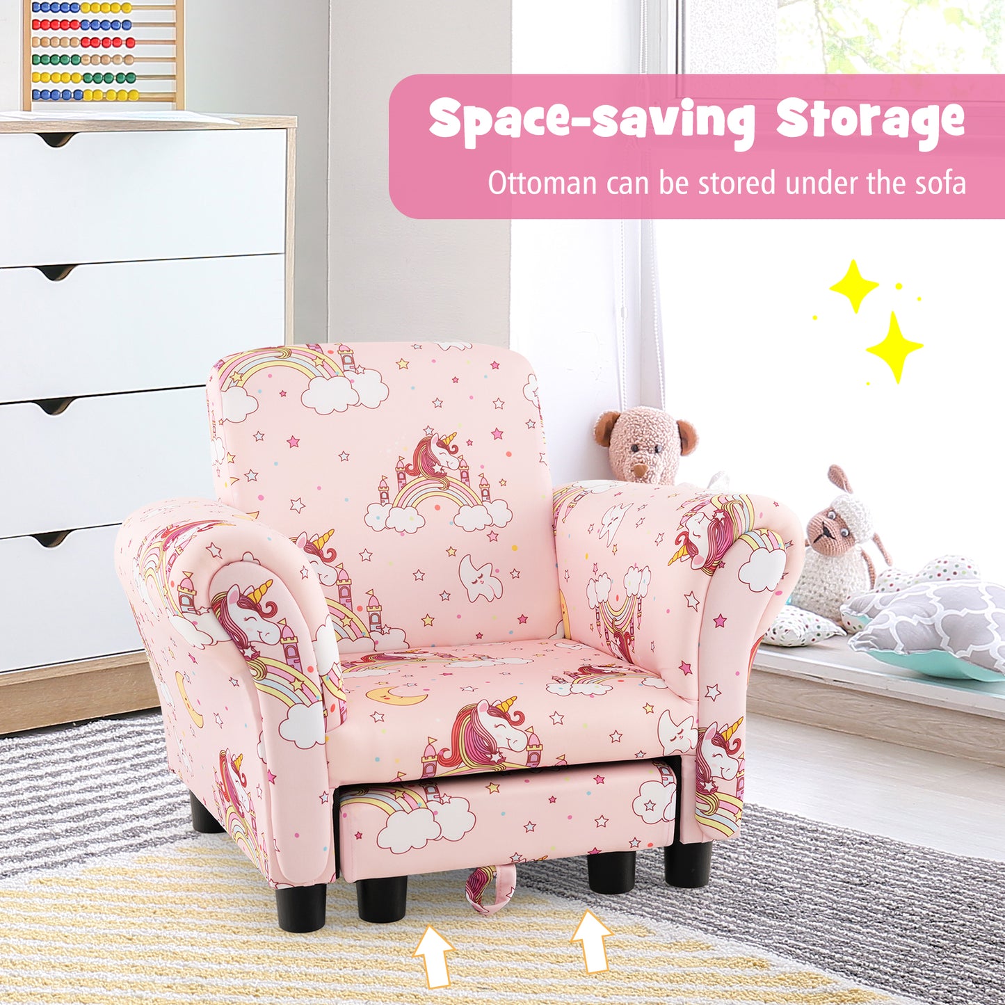 Kids Single Sofa with Cute Patterns Ergonomic Backrest and Armrests-Pink