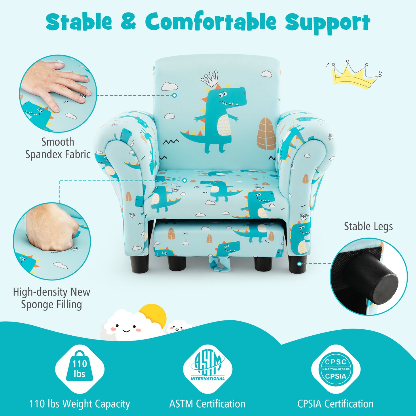Kids Single Sofa with Cute Patterns Ergonomic Backrest and Armrests-Blue