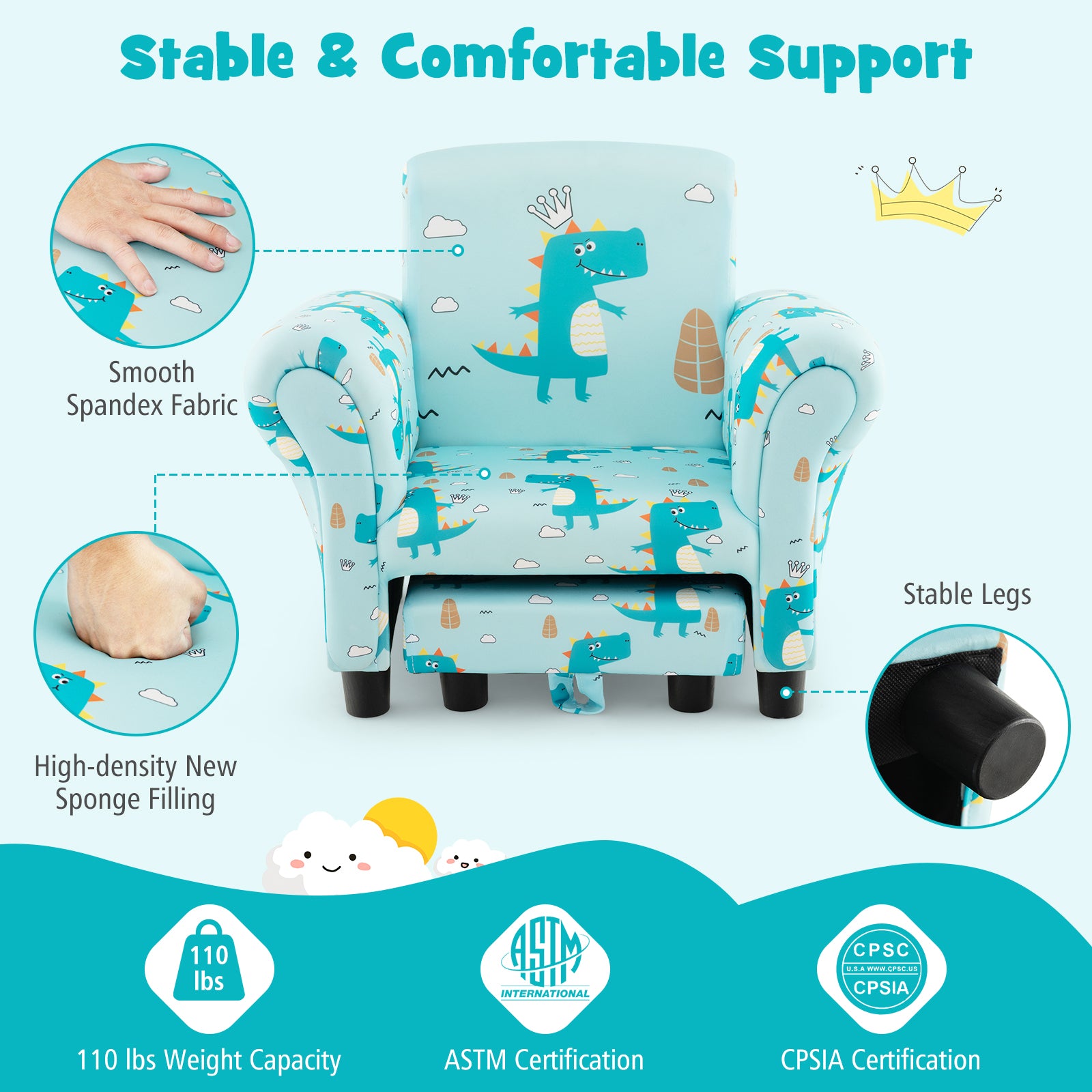 Kids Single Sofa with Cute Patterns Ergonomic Backrest and Armrests-Blue