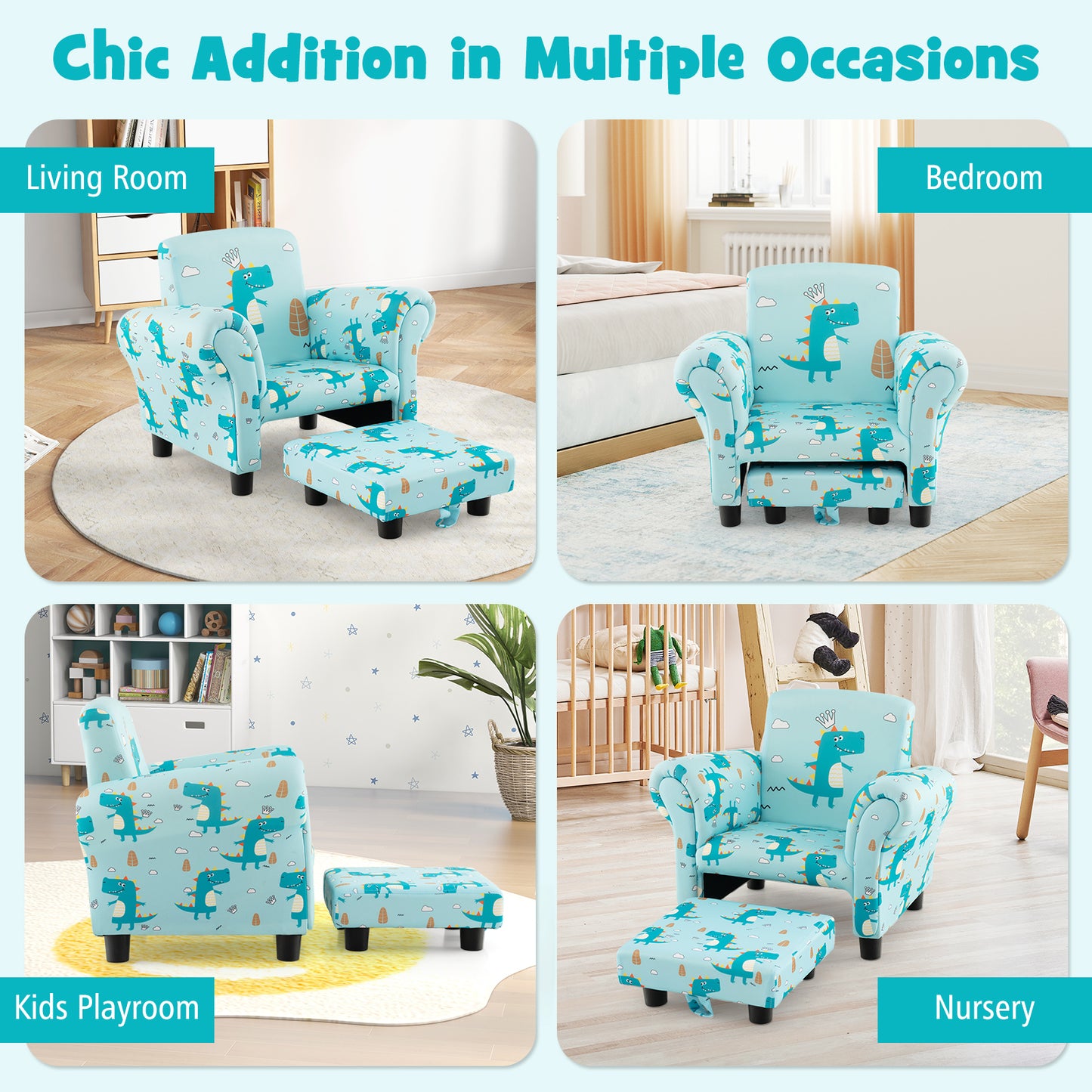 Kids Single Sofa with Cute Patterns Ergonomic Backrest and Armrests-Blue