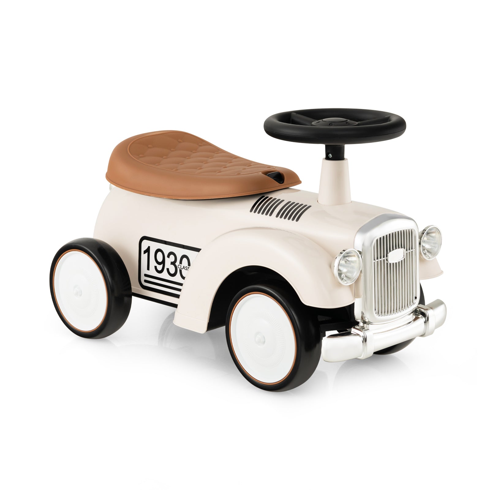 Kids Sit to Stand Vehicle with Working Steering Wheel and Under Seat Storage-White - White