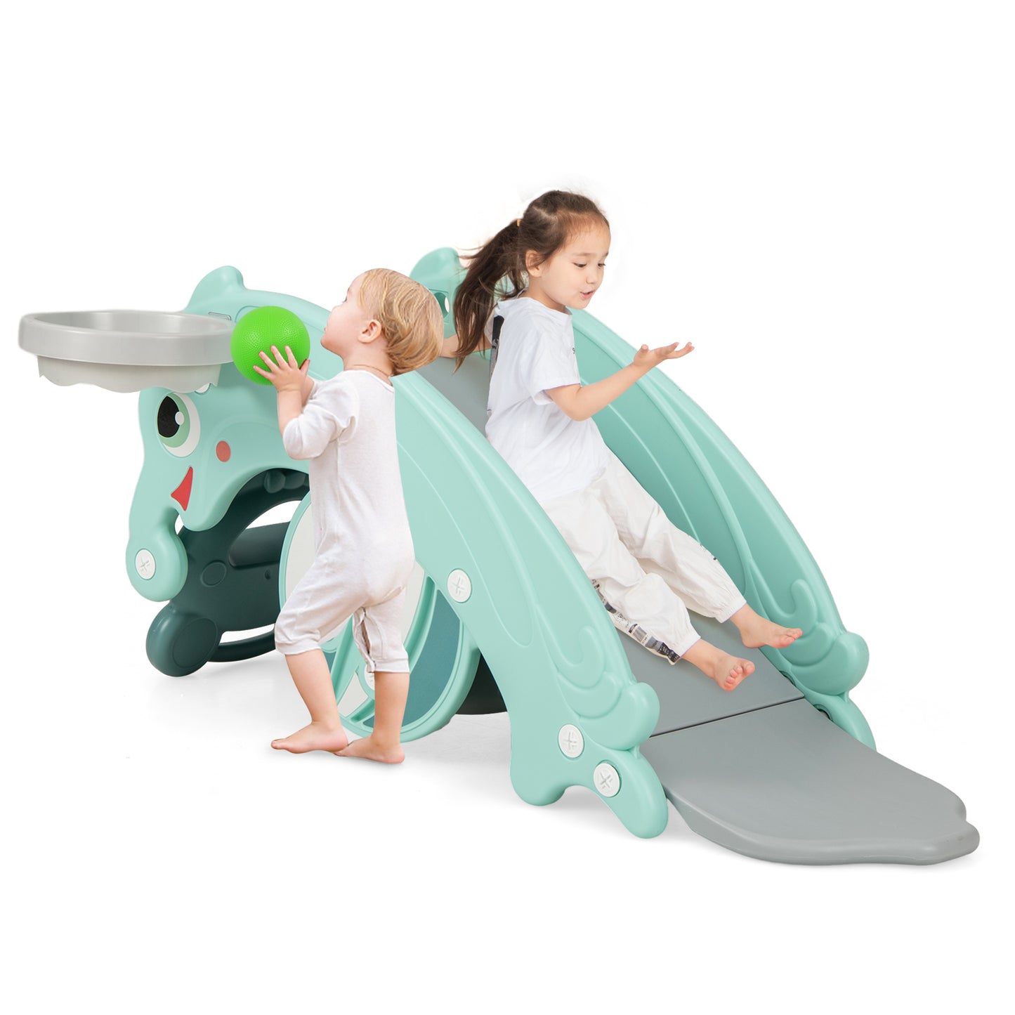 3-in-1 Kids Slide Rocking Horse Set Convertible Toddler Slide with Basketball Hoop