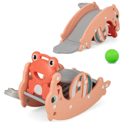 3-in-1 Kids Slide Rocking Horse Set Convertible Toddler Slide with Basketball Hoop-Green - Pink