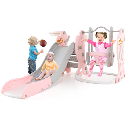 4-in-1 Kids Slide and Swing Set with Basketball Hoop-Pink - Pink