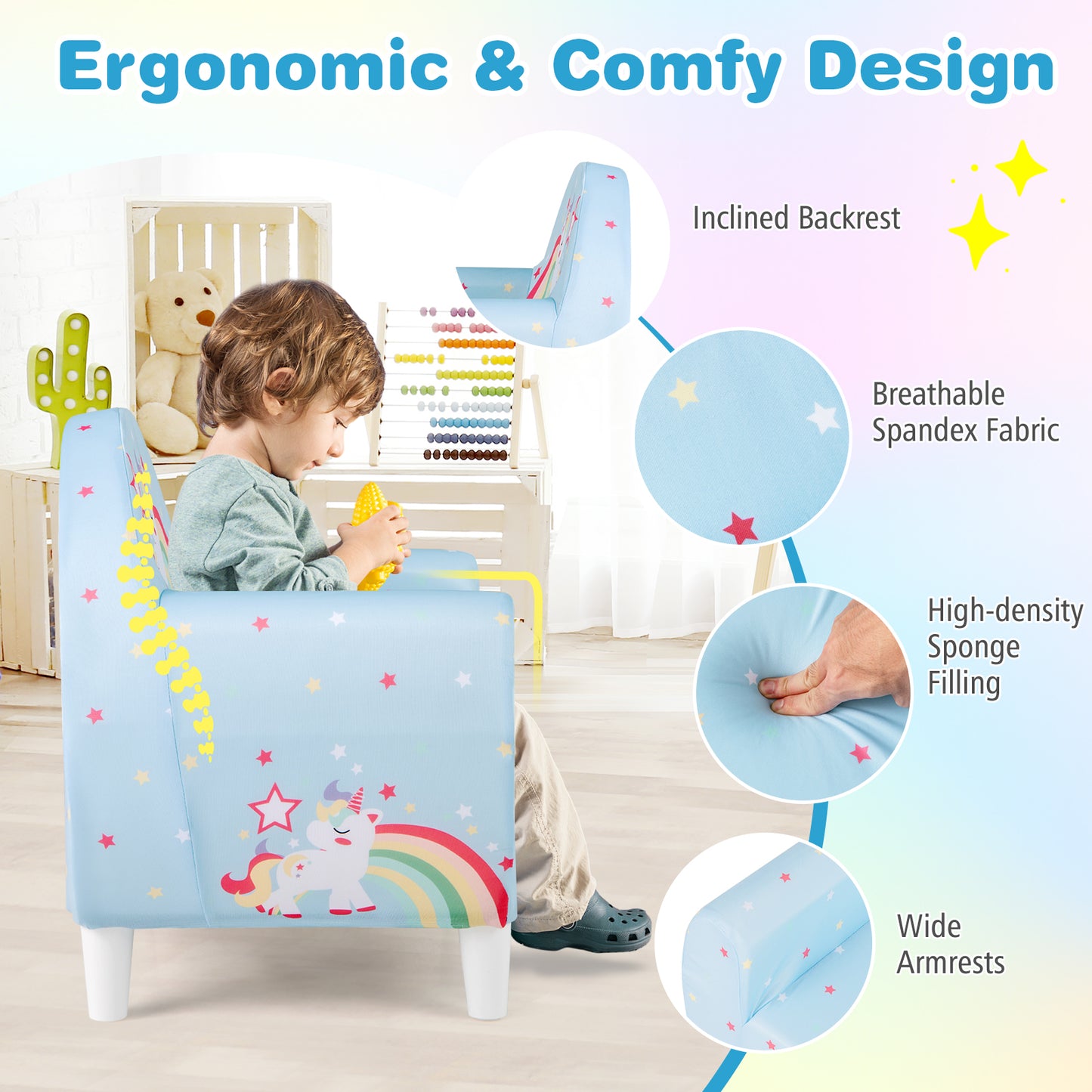 Kids Sofa with Breathable Spandex Fabric and High-density Sponge Filling for Boys and Girls-Blue