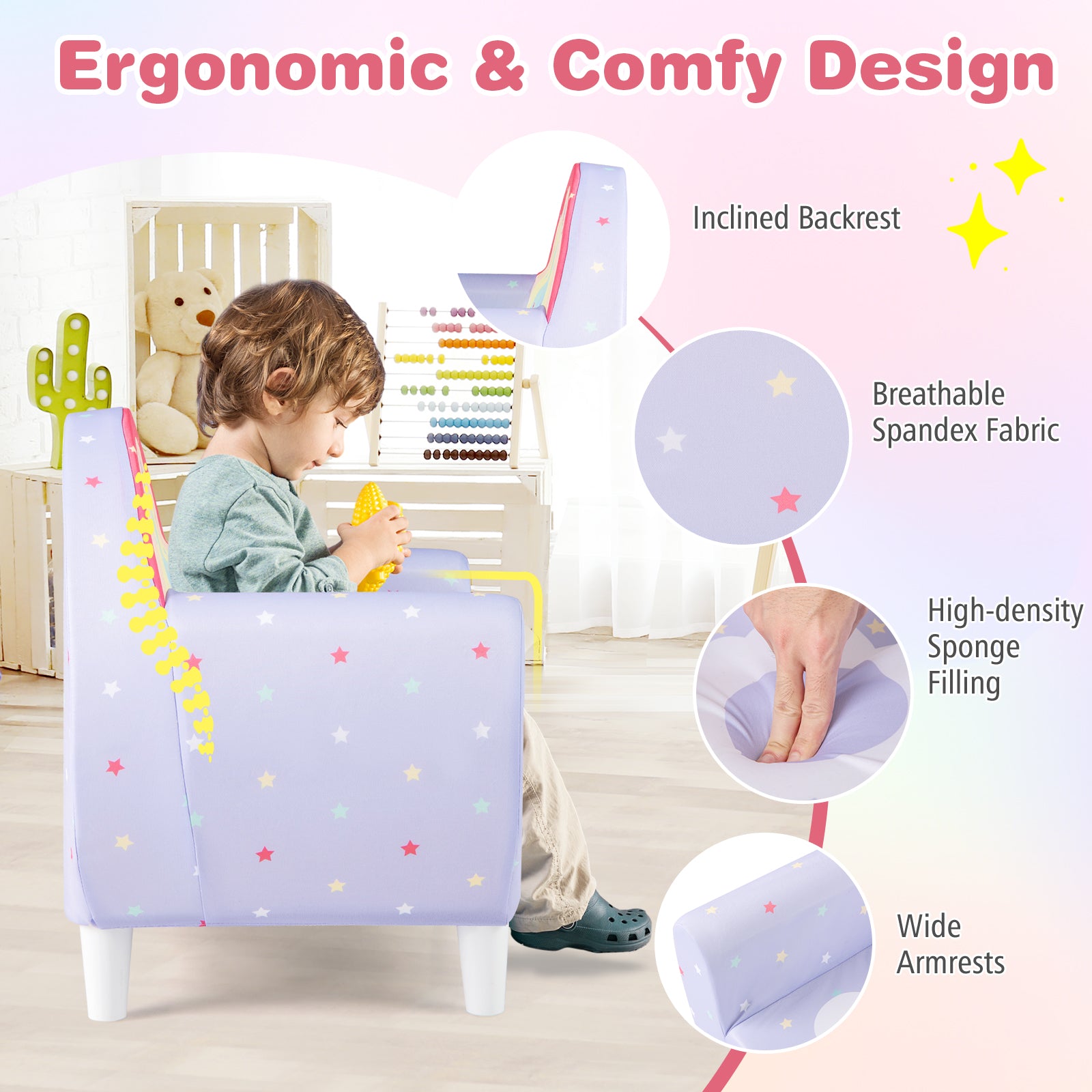 Kids Sofa with Breathable Spandex Fabric and High-density Sponge Filling for Boys and Girls-Purple