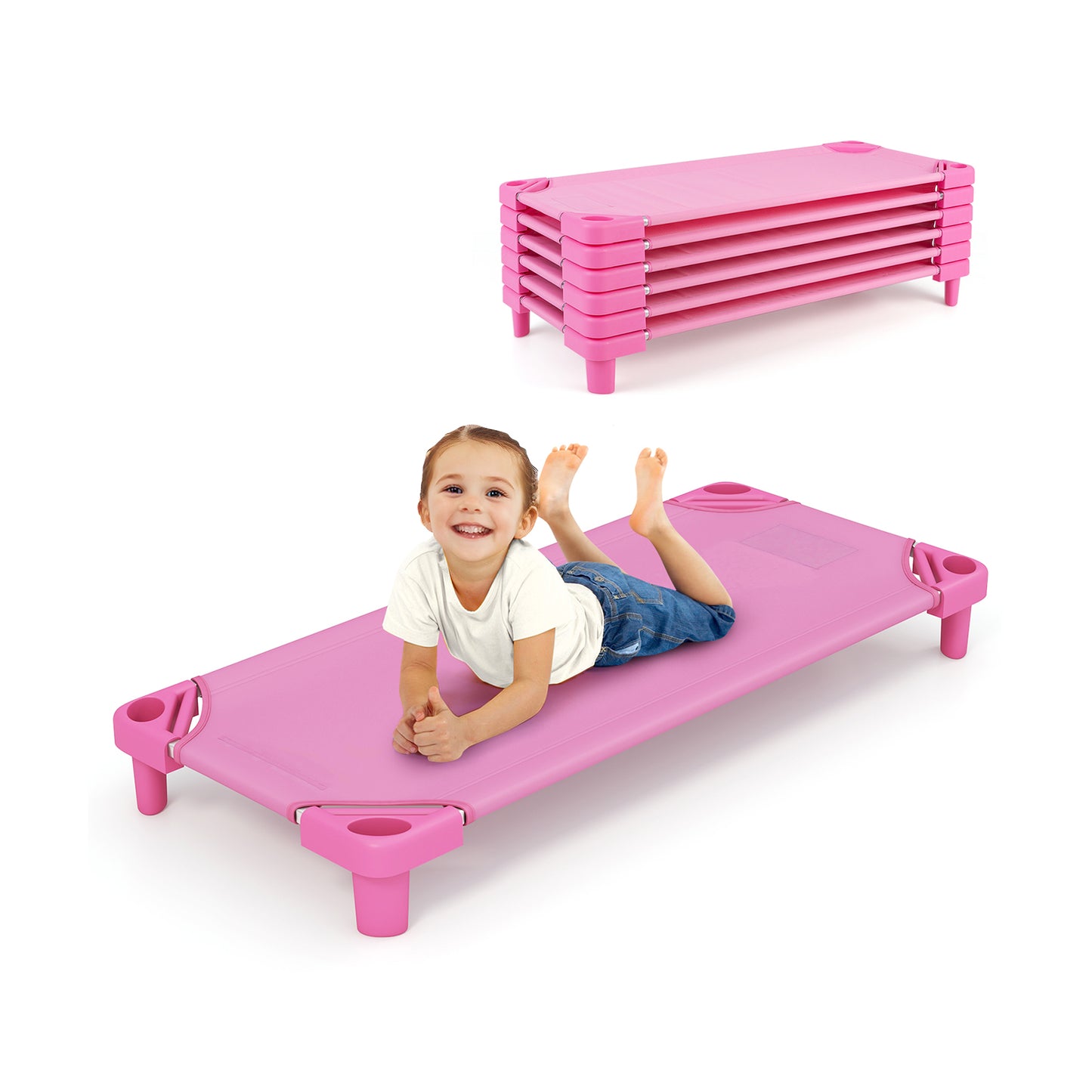 Kids Stackable Daycare Cot Pack of 6 with Detachable Oxford Cloth-Pink - Pink