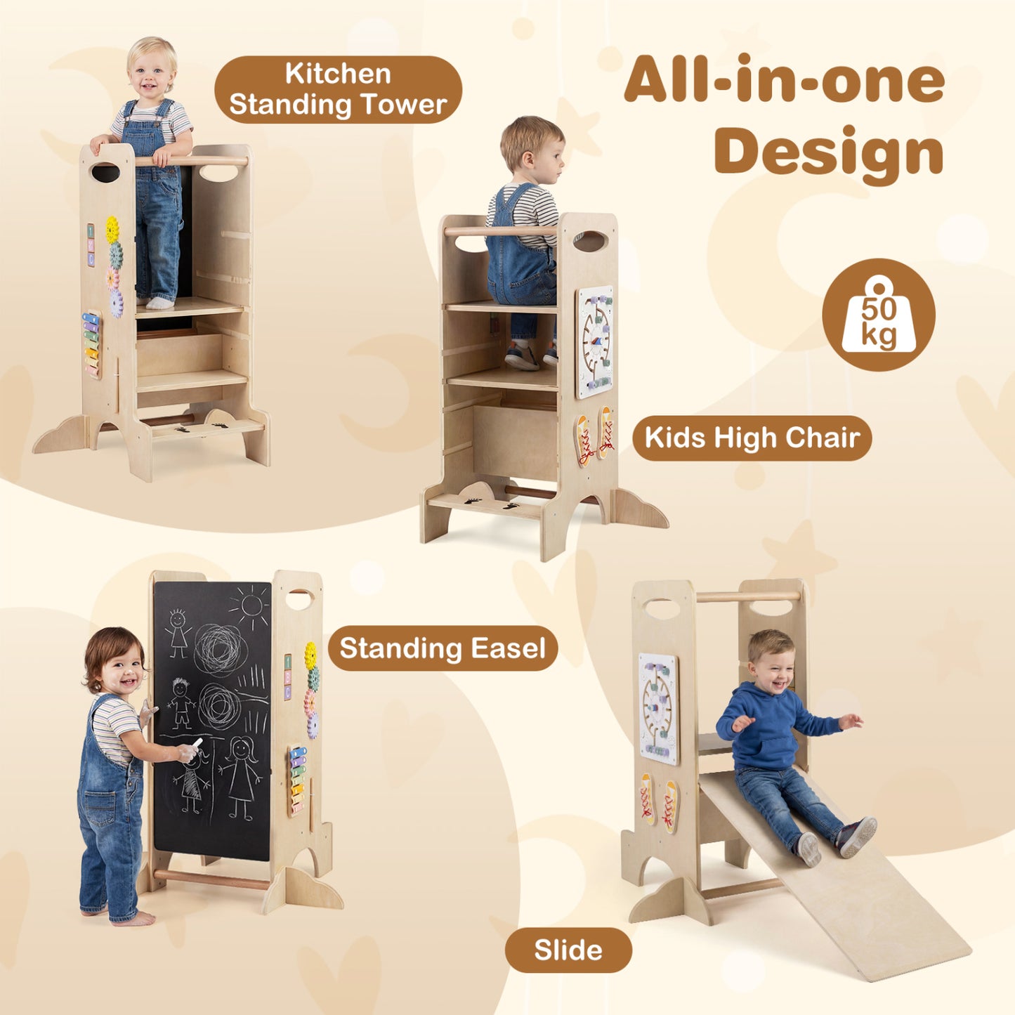 Kids Standing Tower with Detachable Chalkboard and Montessori Games for 3+ Years Old