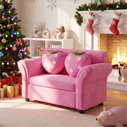 Kids Strawberry Armrest Chair Sofa with 2 Cute Strawberry Pillows-Pink