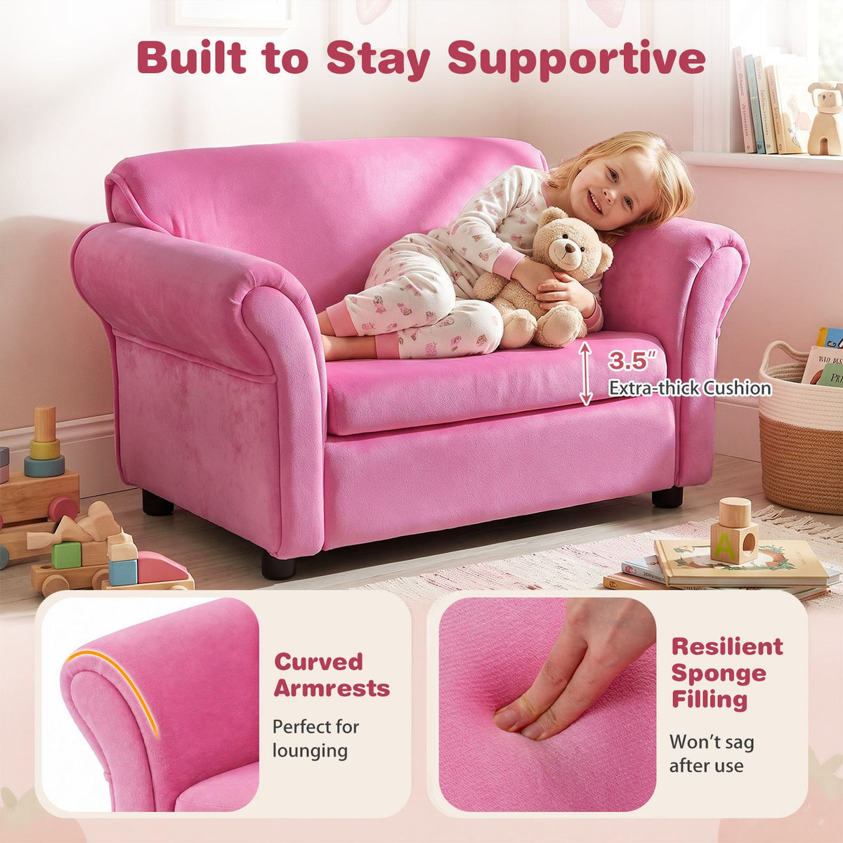 Kids Strawberry Armrest Chair Sofa with 2 Cute Strawberry Pillows-Pink