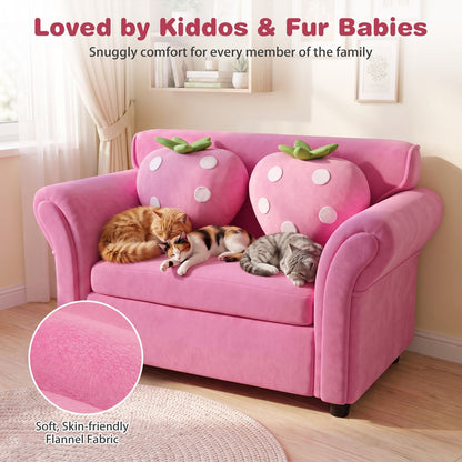 Kids Strawberry Armrest Chair Sofa with 2 Cute Strawberry Pillows-Pink