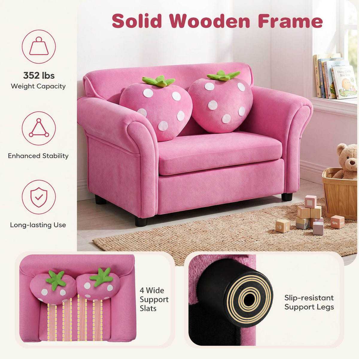 Kids Strawberry Armrest Chair Sofa with 2 Cute Strawberry Pillows-Pink