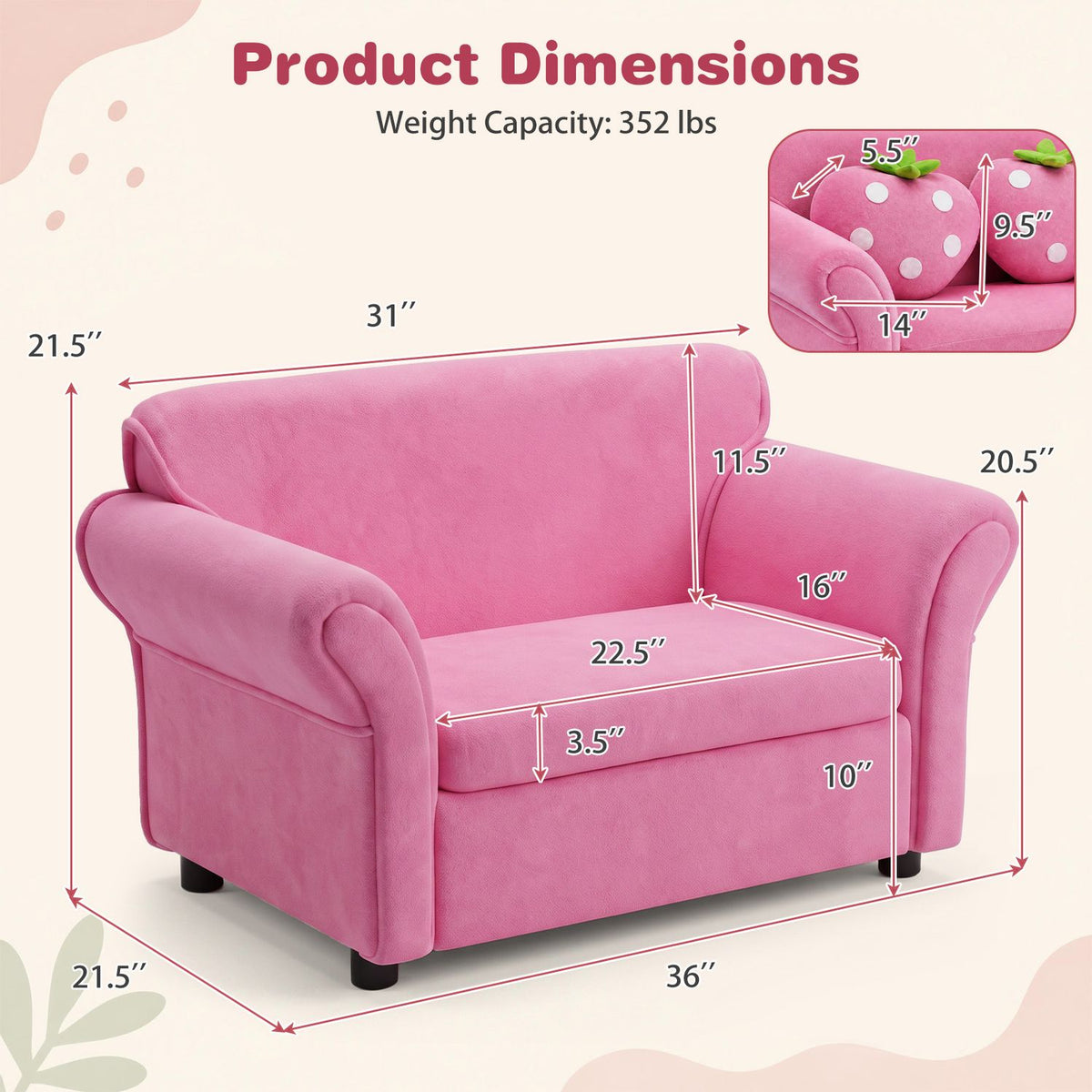 Kids Strawberry Armrest Chair Sofa with 2 Cute Strawberry Pillows-Pink