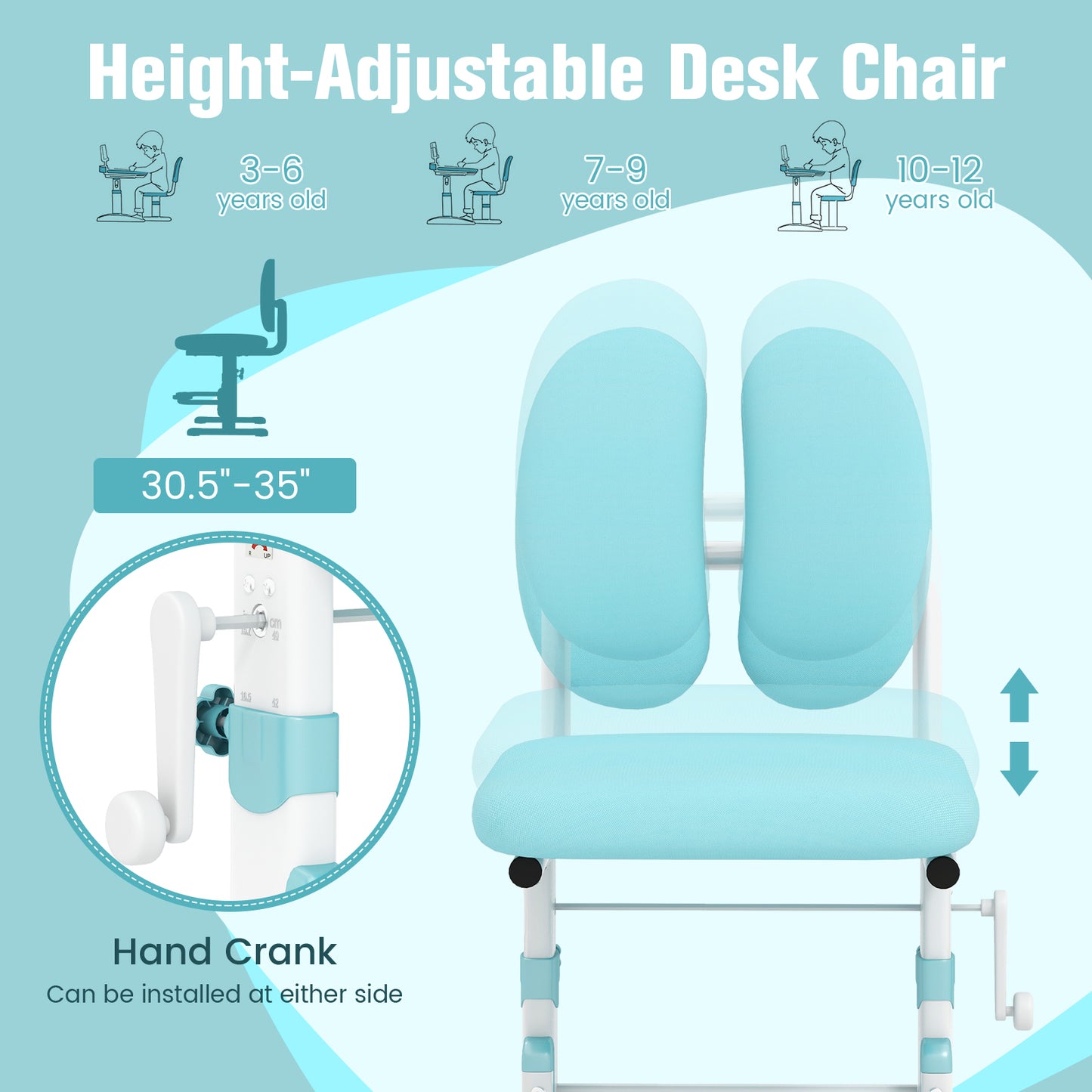 Ergonomic Height-adjustable Kids Study Chair with Double Back Support-Blue