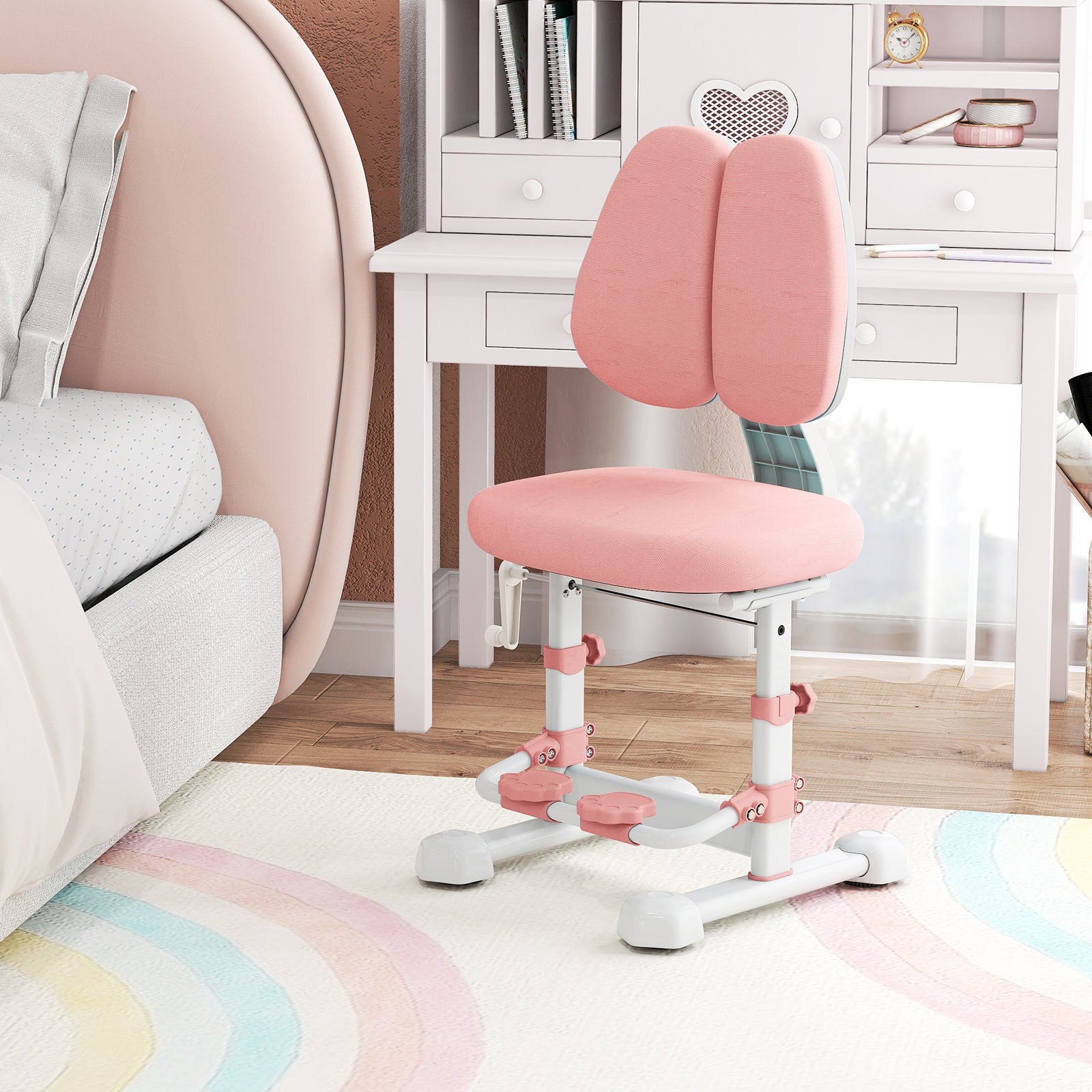 Kids Study Chair with Adjustable Double Backrest and Footrest-Pink