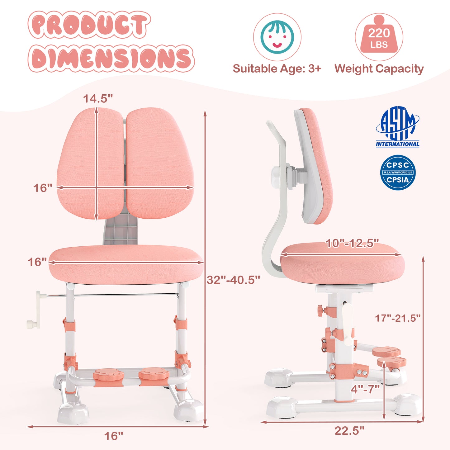 Kids Study Chair with Adjustable Double Backrest and Footrest-Pink