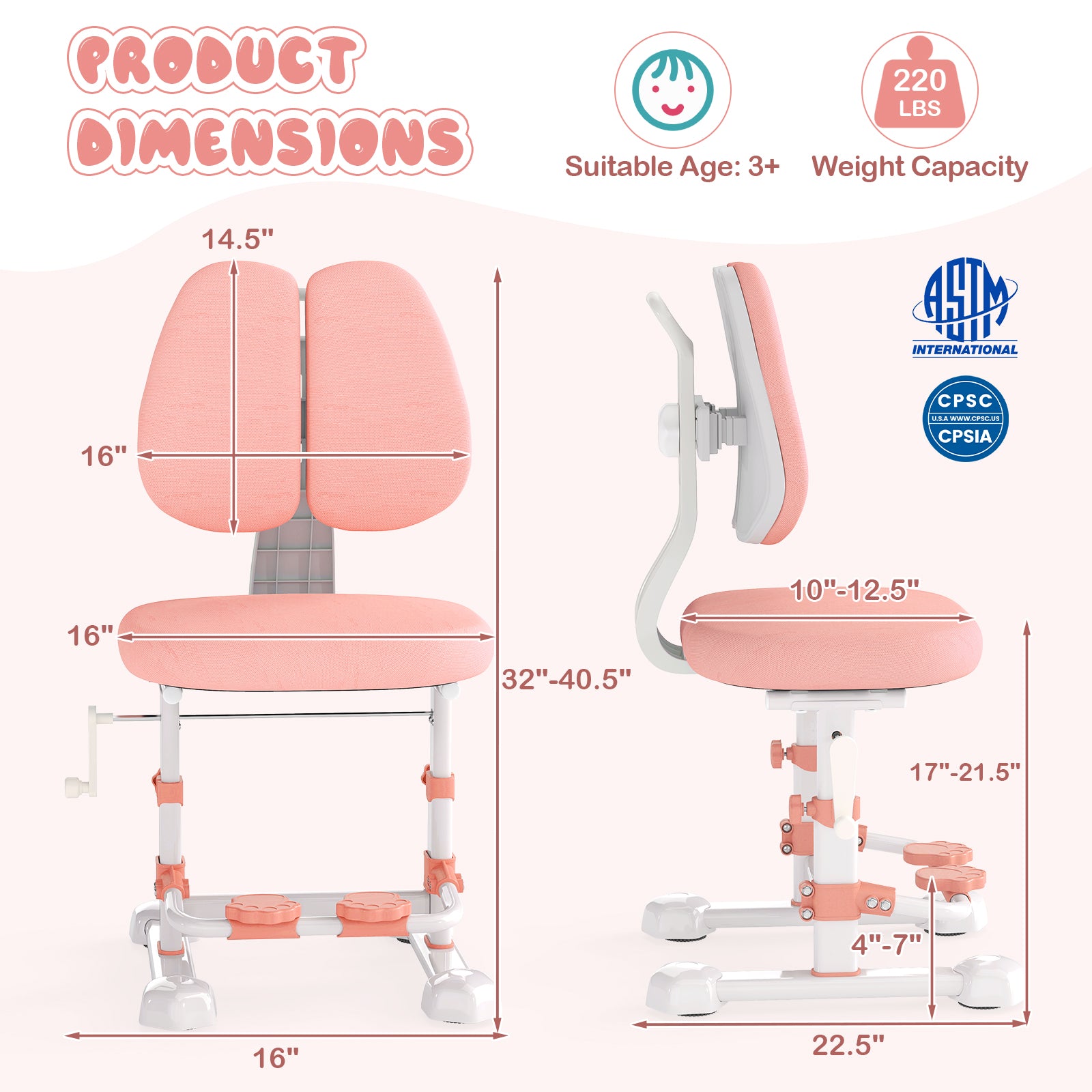 Kids Study Chair with Adjustable Double Backrest and Footrest-Pink