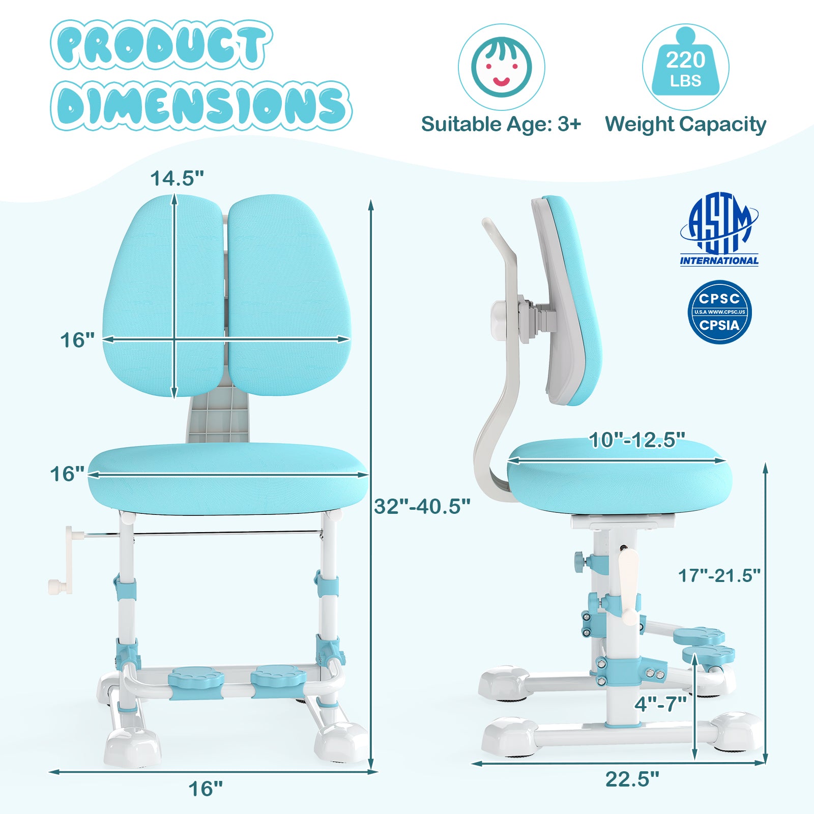 Kids Study Chair with Adjustable Double Backrest and Footrest-Blue