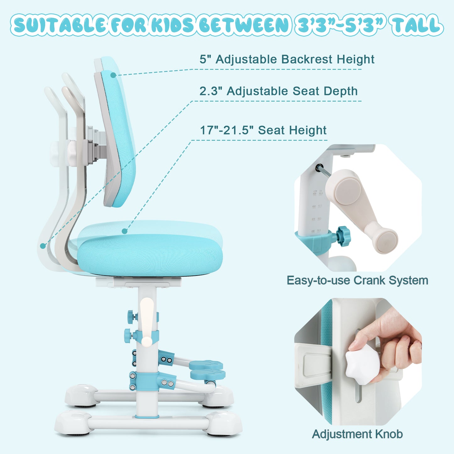 Kids Study Chair with Adjustable Double Backrest and Footrest-Blue
