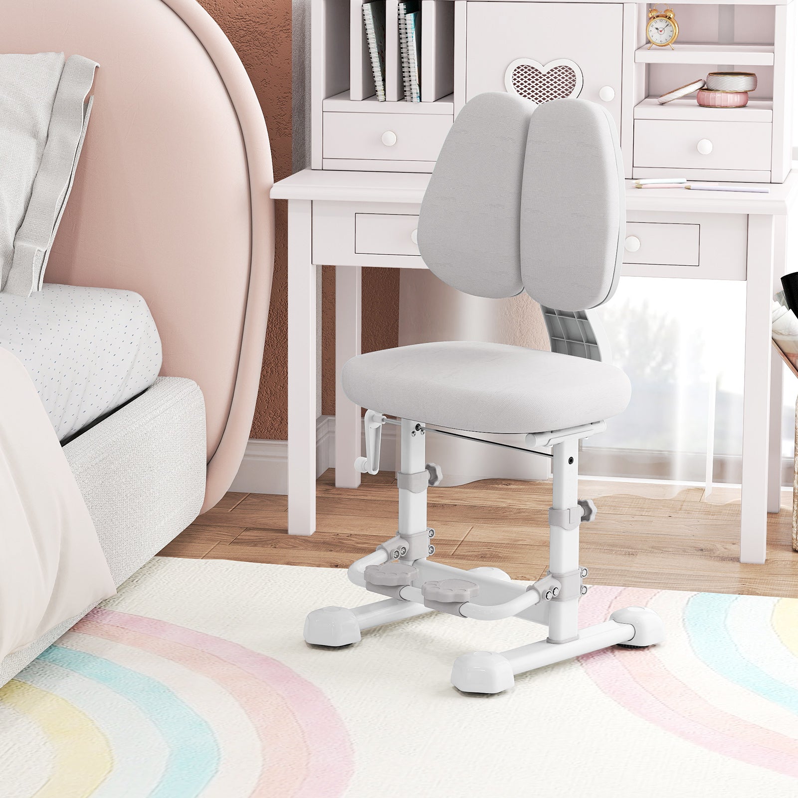 Kids Study Chair with Adjustable Double Backrest and Footrest-Gray