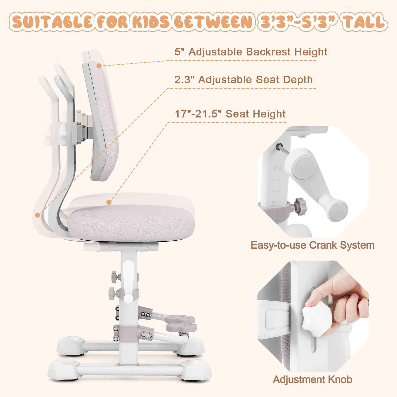 Kids Study Chair with Adjustable Double Backrest and Footrest-Gray