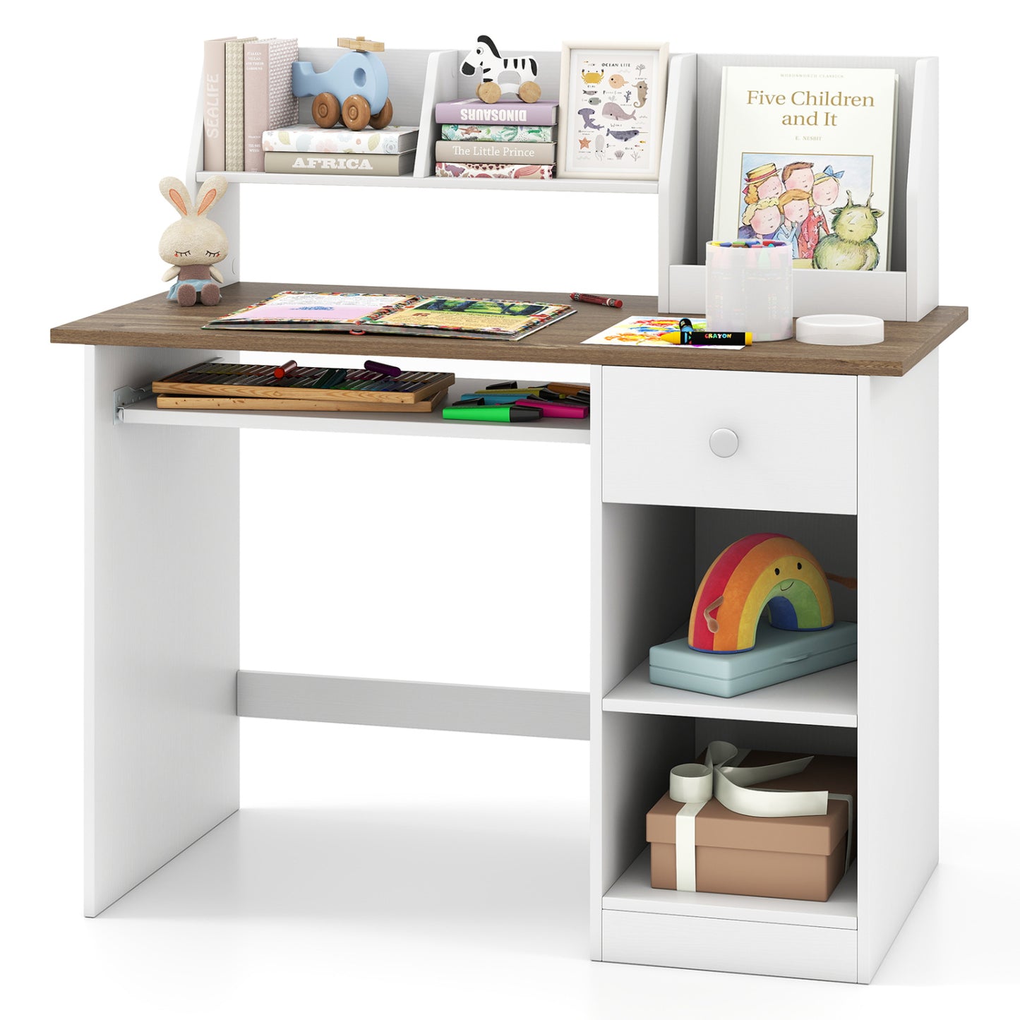 Kids Study Desk Children Writing Table with Hutch Drawer Shelves and Keyboard Tray-White - Natural