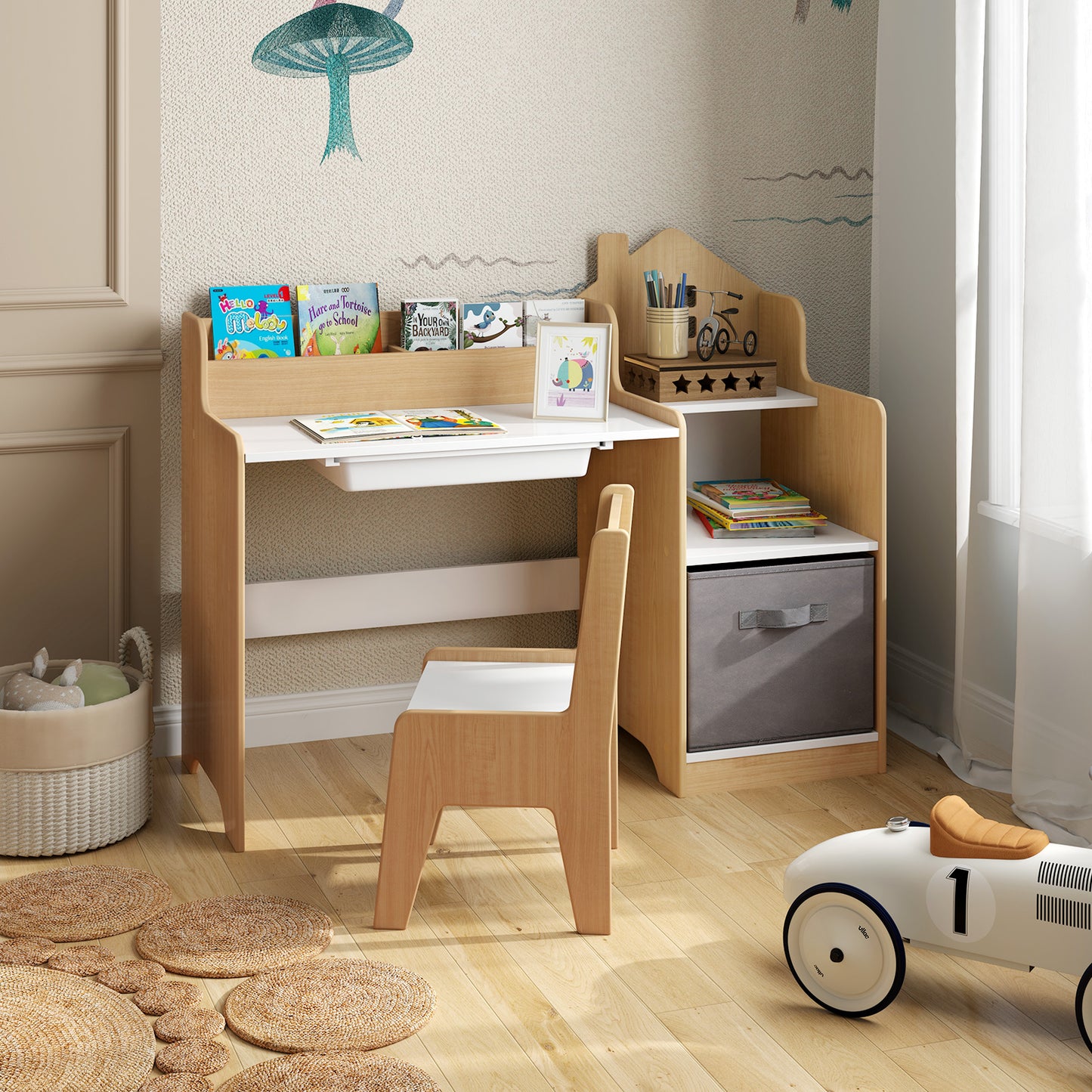 Kids Study Desk and Chair Set with Open Shelves Drawer and Fabric Storage Bin-Natural