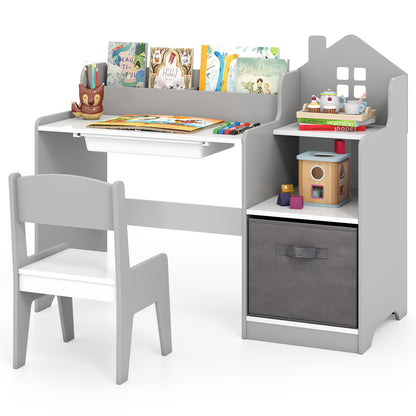 Kids Study Desk and Chair Set with Open Shelves Drawer and Fabric Storage Bin-Gray - Gray