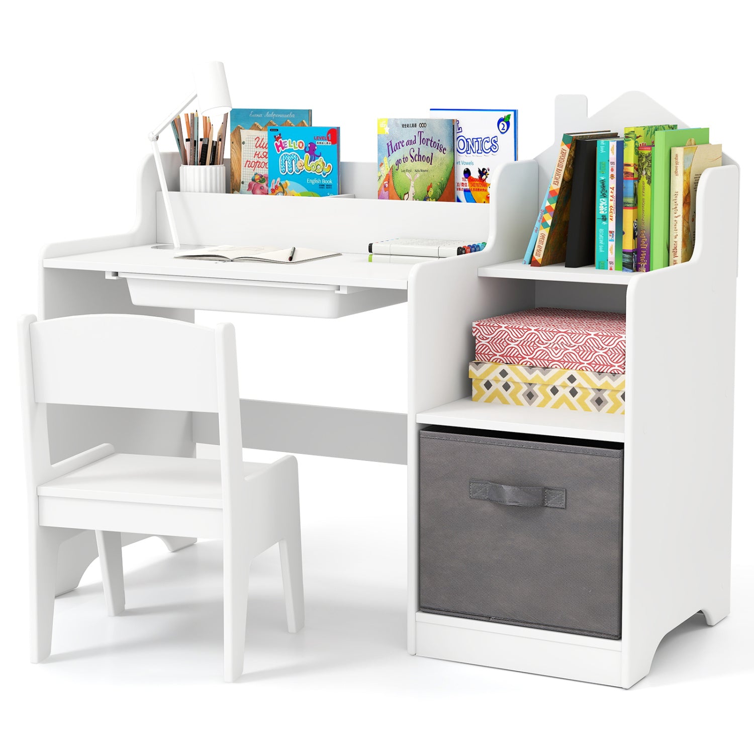 Kids Study Desk and Chair Set with Open Shelves Drawer and Fabric Storage Bin-Gray - White