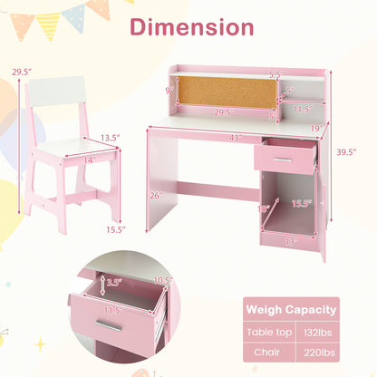 Kids Study Desk and Chair Set with Storage and Bulletin Board