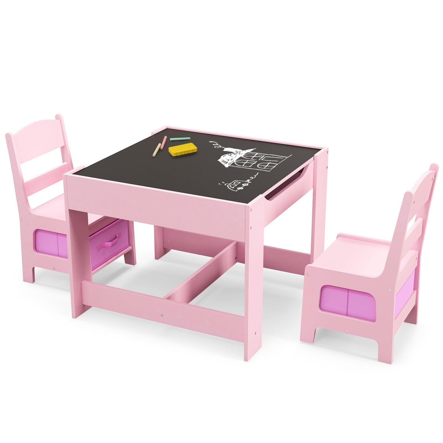 Kids Table Chairs Set With Storage Boxes Blackboard Whiteboard Drawing-Pink - Pink