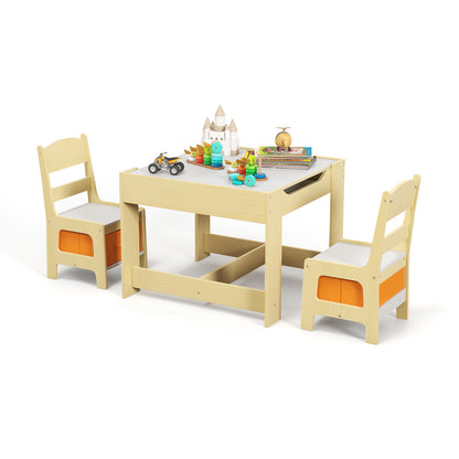 Kids Table Chairs Set With Storage Boxes Blackboard Whiteboard Drawing-Pink - Natural