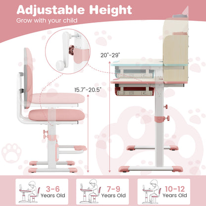 Height Adjustable Children School Home Study Table and Chair Set with Tilted Desktop for 3-12 Years Old