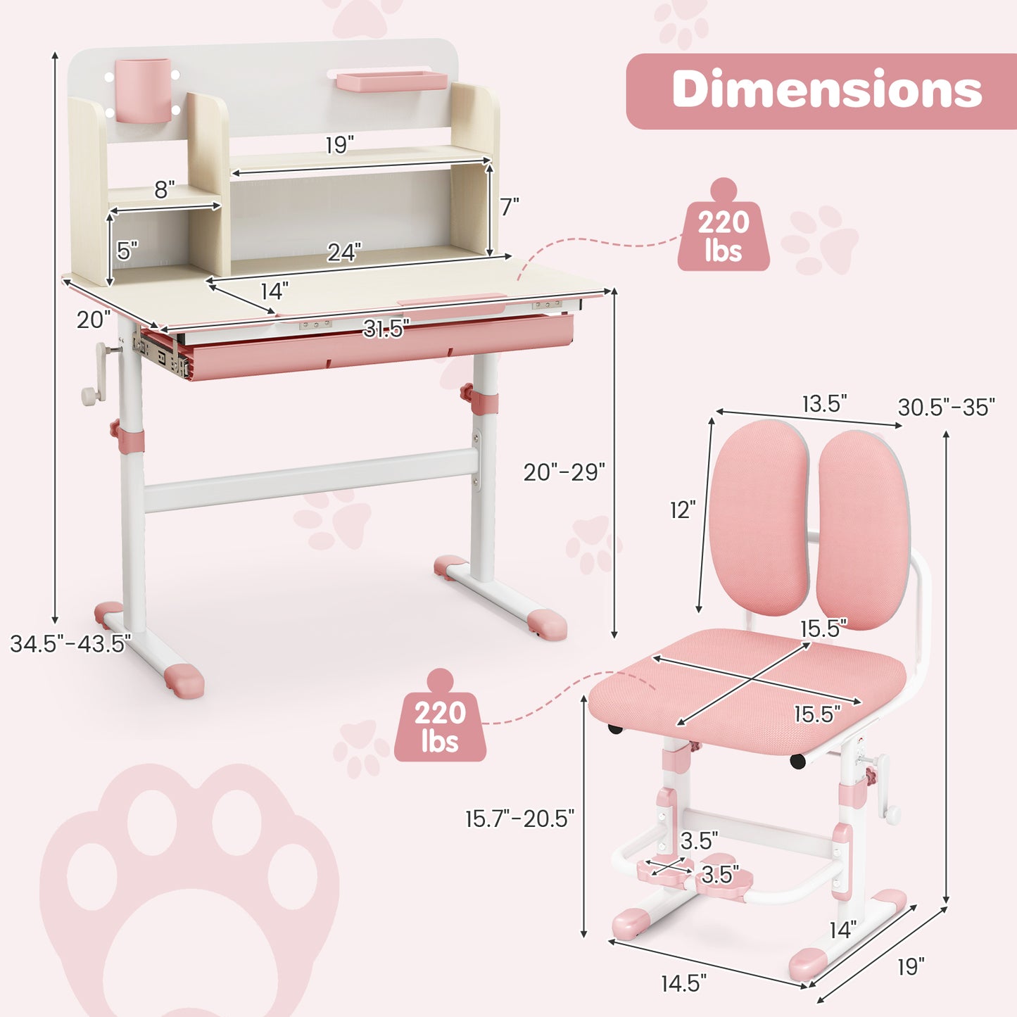 Height Adjustable Children School Home Study Table and Chair Set with Tilted Desktop for 3-12 Years Old