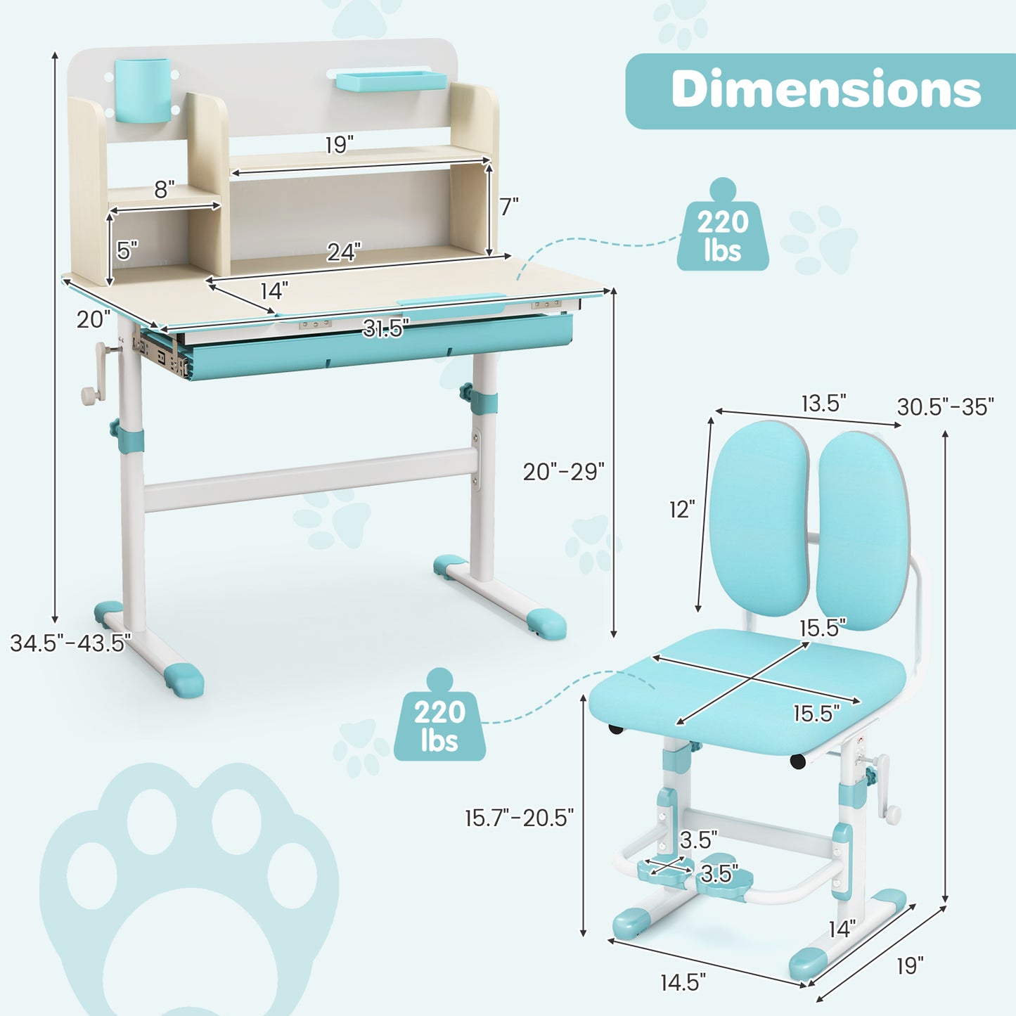 Height Adjustable Children School Home Study Table and Chair Set with Tilted Desktop for 3-12 Years Old-Pink - Blue